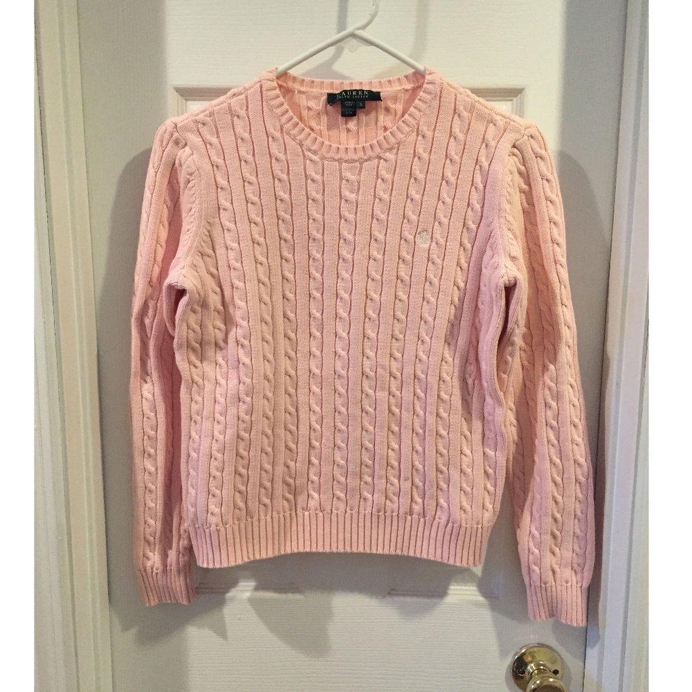 Light Pink Cable Knit Cotton Crew Neck Sweater S